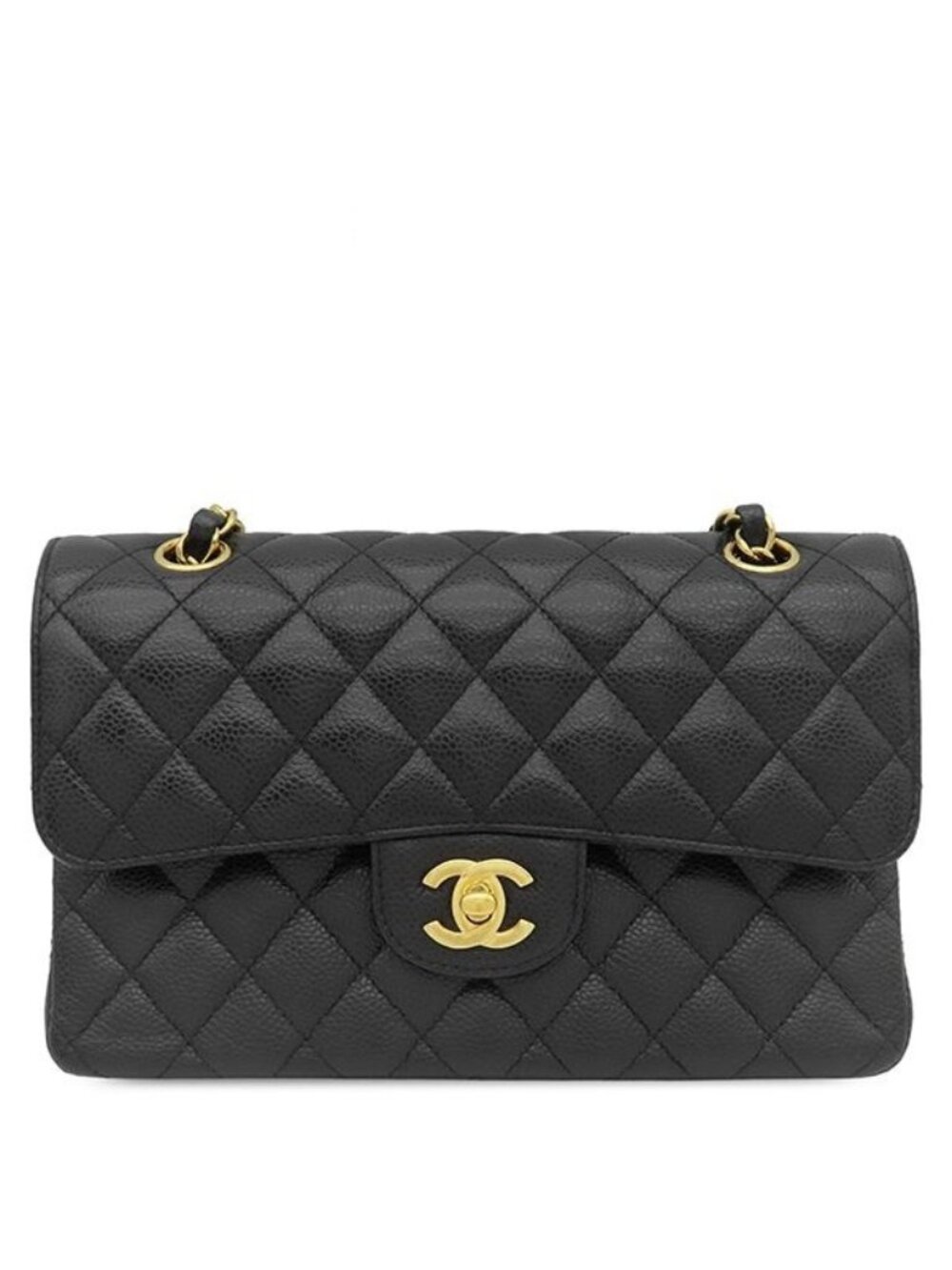 Chanel Shoulder Bag Quilted 23 Double Flap Caviar Leather Black Gold Chain 29